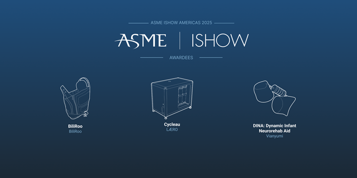 Diagrams of the ASME 2025 ASME Awardees: "Biliroo," "Cycleau," and "DINA: Dynamic Infant Neurorehab Aid"