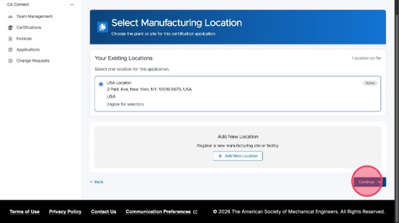 Select your manufacturing location.